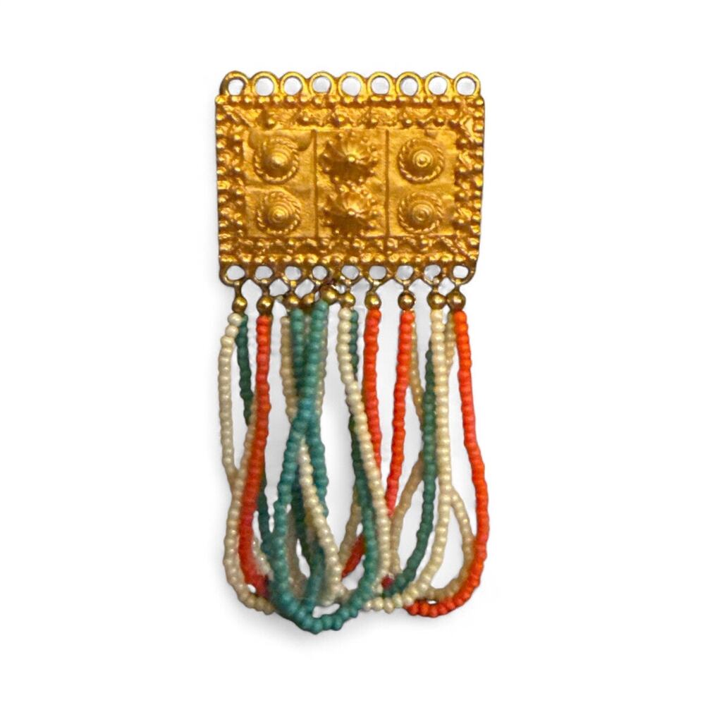 D. Terrell Ltd. Gold-toned rectangular pendant with beaded tassels-Multicolor